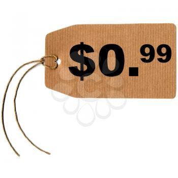 Price tag label with string isolated over white, 0.99 dollar cent
