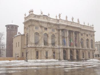 Palazzo Madama (Royal palace) in Piazza Castello Turin Italy - winter view with snow