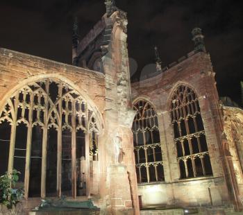 Ruins of bombed St Michael Cathedral, Coventry, England, UK - at night