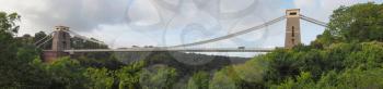Wide panoramic view of Clifton Suspension Bridge spanning the Avon Gorge and River Avon designed by Brunel and completed in 1864 in Bristol, UK