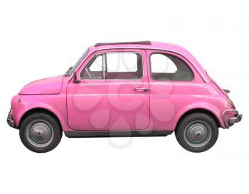 Pink Fiat 500 sixties Italian car isolated over white