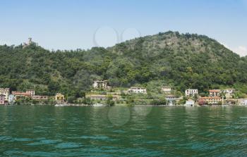 Panoramic view of Monte Isola at Lake Iseo seen from Sulzano in Lombardy, Italy