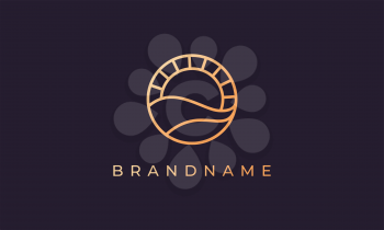 Simple and modern luxury line gold logo design of sea water wave and sun in a circle