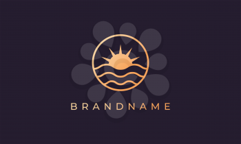 Sea wave and sun in a circle with a gold line art style suitable for logo and icon
