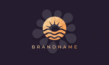 wave of sea water and sun in the form of abstract circle in gold are suitable for logo and icon