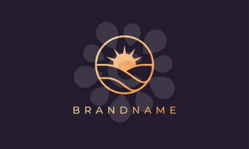 Sea wave and sun in a circle with a gold line art style suitable for logo and icon