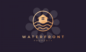 real estate agency logo of gold line with house in circle shape with ocean wave