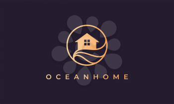 home logo of gold line with house in circle shape with ocean wave
