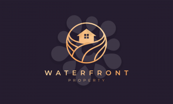 apartment logo of gold line with house in circle shape with ocean wave
