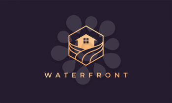resort logo with a hexagon base shape with ocean wave and window