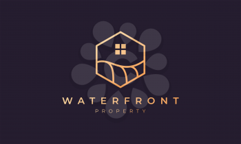 real estate logo with a hexagon base shape with ocean wave and window