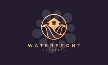 Property logo of gold line with house in circle shape with ocean wave