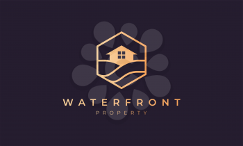 hotel logo with a hexagon base shape with ocean wave and window