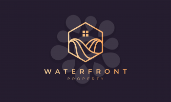 property agent logo with a hexagon base shape with ocean wave and window