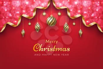 Merry Christmas holiday background in red color with sparkling gold ribbon for winter celebration in december
