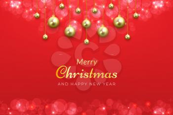 Merry Christmas holiday background in sparkling red color with golden ball hanging ornaments for winter celebration in december