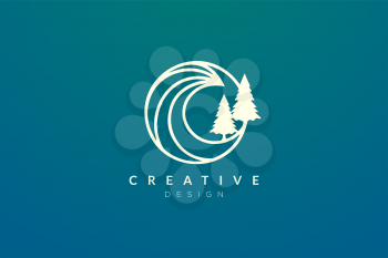 Ocean waves and trees in a circle. Minimalistic and simple vector design