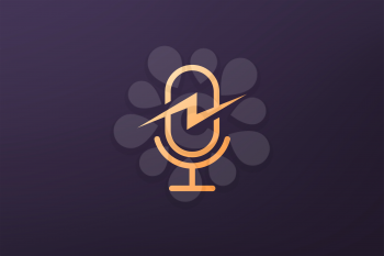 simple lightning flash podcast mic logo in luxurious modern style and gold color
