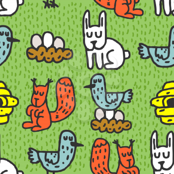 Childrens drawing forest animals seamless pattern. Rabbits ornament. Hive and birds. Nest with eggs
