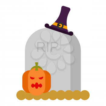 Gravestone and pumpkin. Grave and hat witch. Halloween symbol
