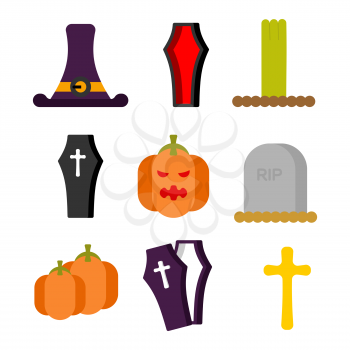 Halloween set icon. Sign for terrible holiday. hat witch and tombstone. Pumpkin and zombies
