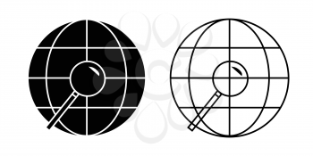 World globe with magnifying glass vector isolated illustration, black and white version