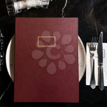 Luxury restaurant menu book top view