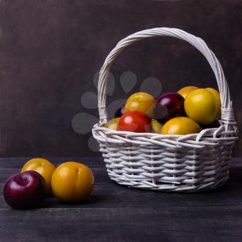 Colorful plums fruit in basket on the black background isolated
