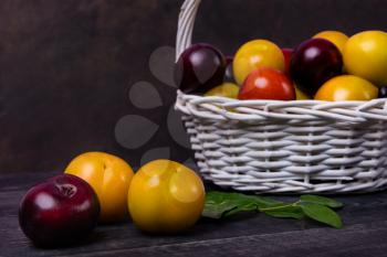 Colorful plums fruit in basket on the black background isolated