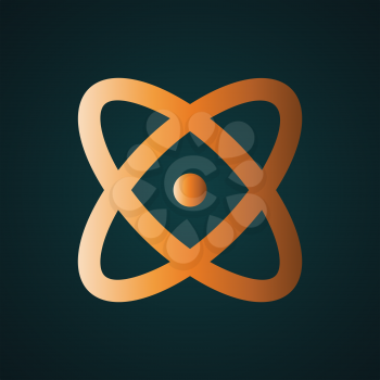 Vector gold atom, science technology symbol. Gradient gold concept with dark background