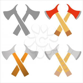 Crossed axes, lumberjack axe fireman tools, camping logo vector