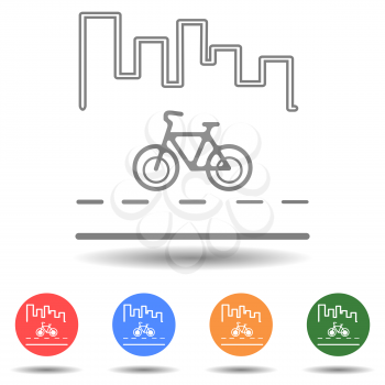 Bicycle on the road with city view vector icon