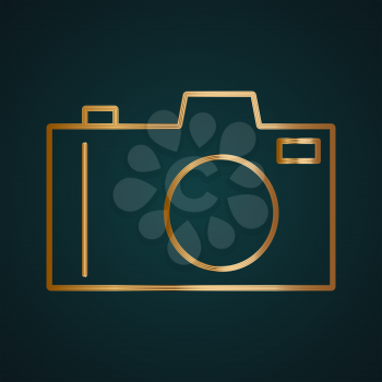Camera DSLR icon vector logo. Gradient gold metal with dark background