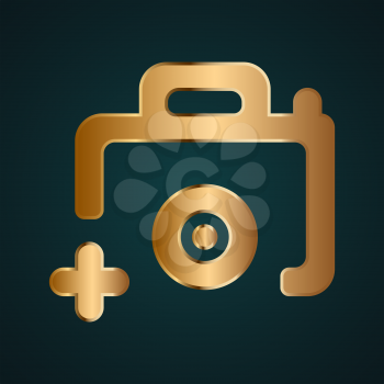 Camera icon with add sign icon vector logo. Gradient gold metal with dark background