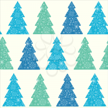 Blue and green snowflakes textured christmas trees seamless pattern background