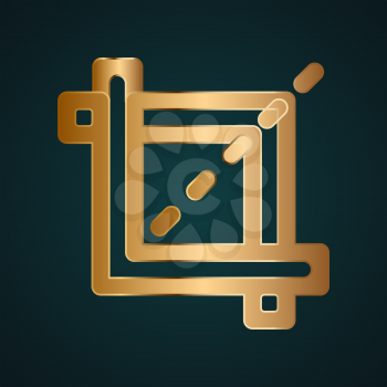 Crop tool vector icon. Gradient gold metal with dark background