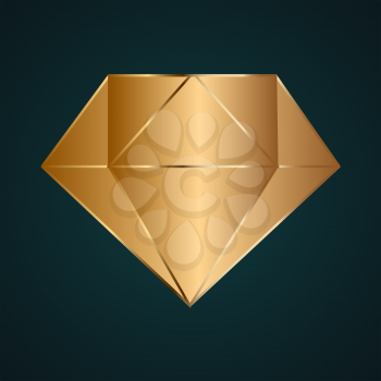 3D diamond icon vector logo. Gradient gold metal with dark background