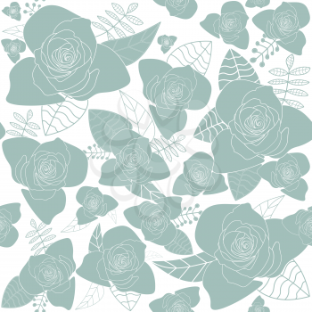 Rose flowers silhouettes pastel blue seamless pattern