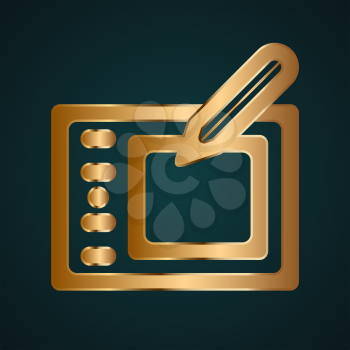 Graphic tablet icon vector logo. Gold metal with dark background