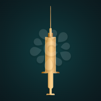 Hypodermic needle icon vector logo. Gold metal with dark background