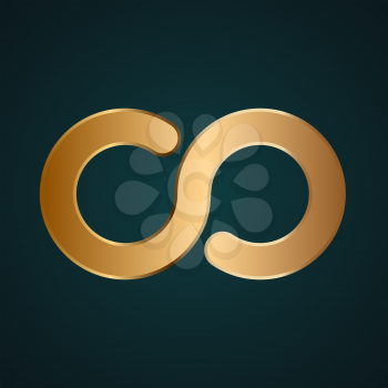 Infinity sign icon vector. Gold metal with dark background