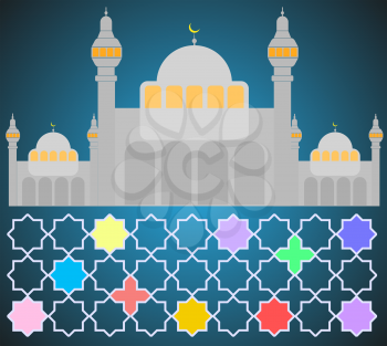 Colorful Mosque vector with Arabic patterns, great for Ramadan style poster