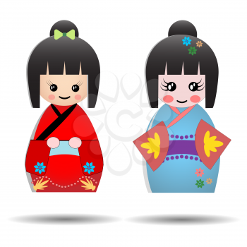 Set of cute Japanese Kokeshi Dolls, Kawaii asian design vector