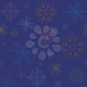 Colorful snowflakes on dark midnight blue background seamless repeat pattern