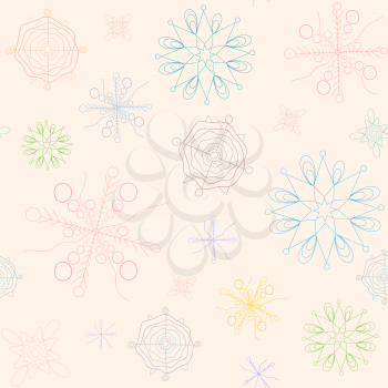 Colorful snowflakes on seashell background seamless repeat pattern