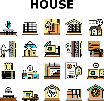 Timber Frame House Collection Icons Set Vector. Pile Screw Foundation And Ecowool Insulation, Wooden And Steel Building Frame Concept Linear Pictograms. Contour Color Illustrations