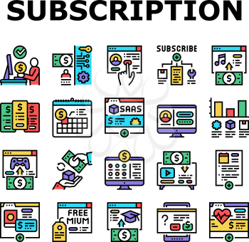 Subscription Content Collection Icons Set Vector. Buying Video Game And Music, Electronic Book And Film, Subscription On Blog Or Video Channel Concept Linear Pictograms. Contour Color Illustrations