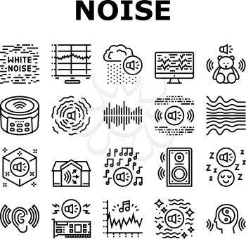 White Noise Hearing Collection Icons Set Vector. Speaker Dynamic And Audio Card, Relaxation And Music For Sleep, Rain Noise And Sound Black Contour Illustrations
