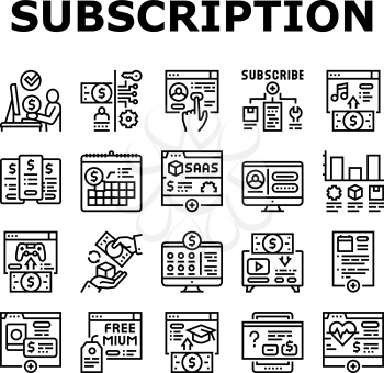 Subscription Content Collection Icons Set Vector. Buying Video Game And Music, Electronic Book And Film, Subscription On Blog Or Video Channel Black Contour Illustrations