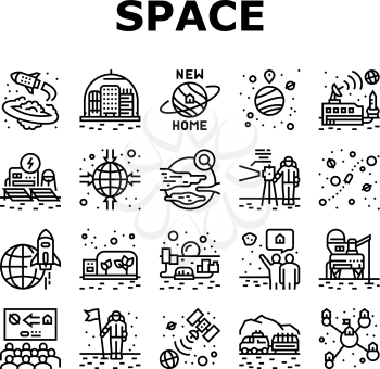 Space Base New Home Collection Icons Set Vector. Space Base Construction And Greenhouse, Planet Colonization And Building City Black Contour Illustrations